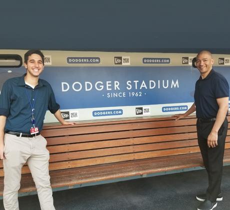 A student and faculty member at Dodgers Stadium.